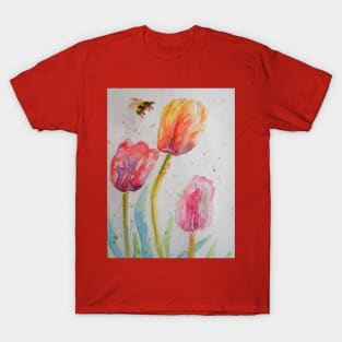 Tulip Watercolour Painting Bumble Bee T-Shirt